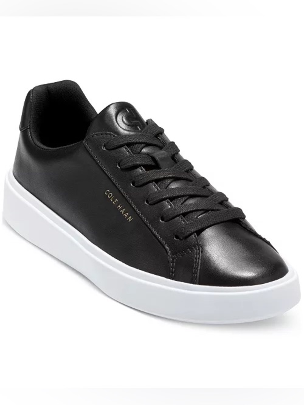 Cole Haan Women’s Black Leather Lace-Up Sneaker with White Sole